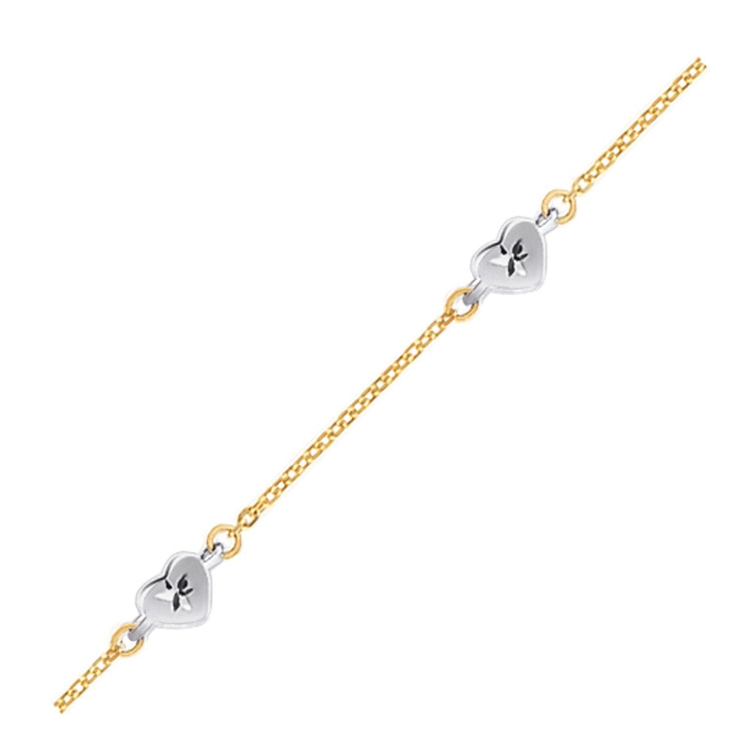 14k Two Tone Gold Anklet with Diamond Cut Heart Style Stations, size 10''