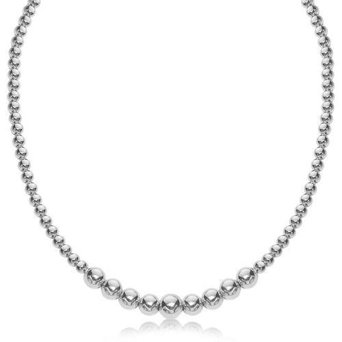 Sterling Silver Rhodium Plated Graduated Motif Polished Bead Necklace, size 17''