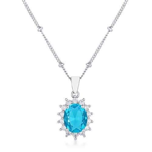 Rhodium Plated Aqua Blue Petite Royal Oval Pendant