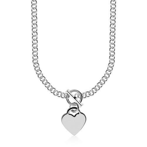 Sterling Silver Rhodium Plated Rolo Chain Necklace with a Heart Toggle Charm, size 18''