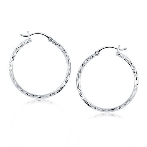 14k White Gold Diamond Cut Hoop Earrings