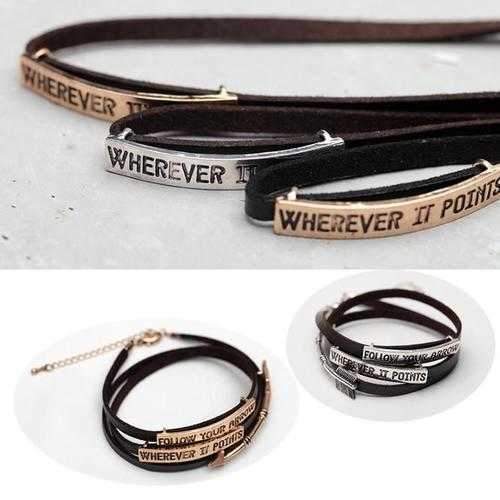 Follow Your Arrow Genuine Leather Bracelet In Yellow And White Gold Plating