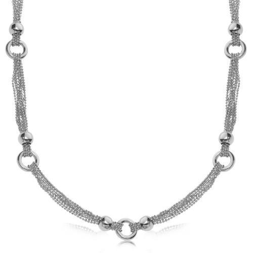 Sterling Silver Rhodium Plated Multi Strand Bead Chain Necklace with Ring Motifs, size 18''