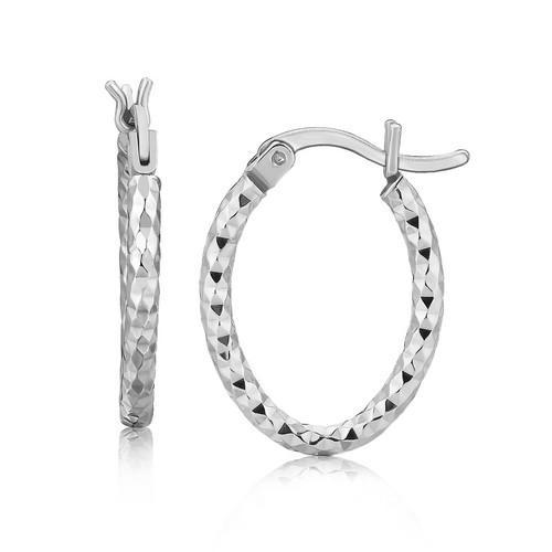 Sterling Silver Rhodium Plated Small Oval Hoop Diamond Cut Textured Earrings