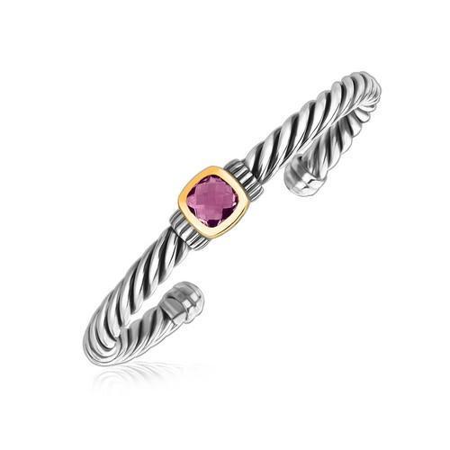 18k Yellow Gold and Sterling Silver Rope Cuff Bangle with Amethyst Centerpiece, size 7.5''