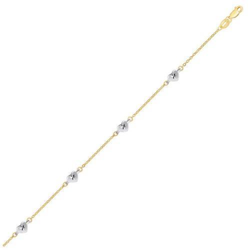 14k Two Tone Gold Anklet with Diamond Cut Heart Style Stations, size 10''