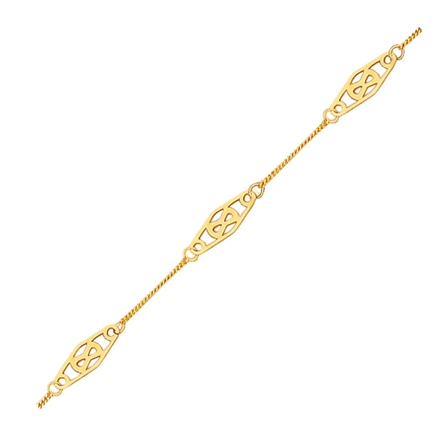 14k Yellow Gold Anklet with Fancy Diamond Shape Filigree Stations, size 10''
