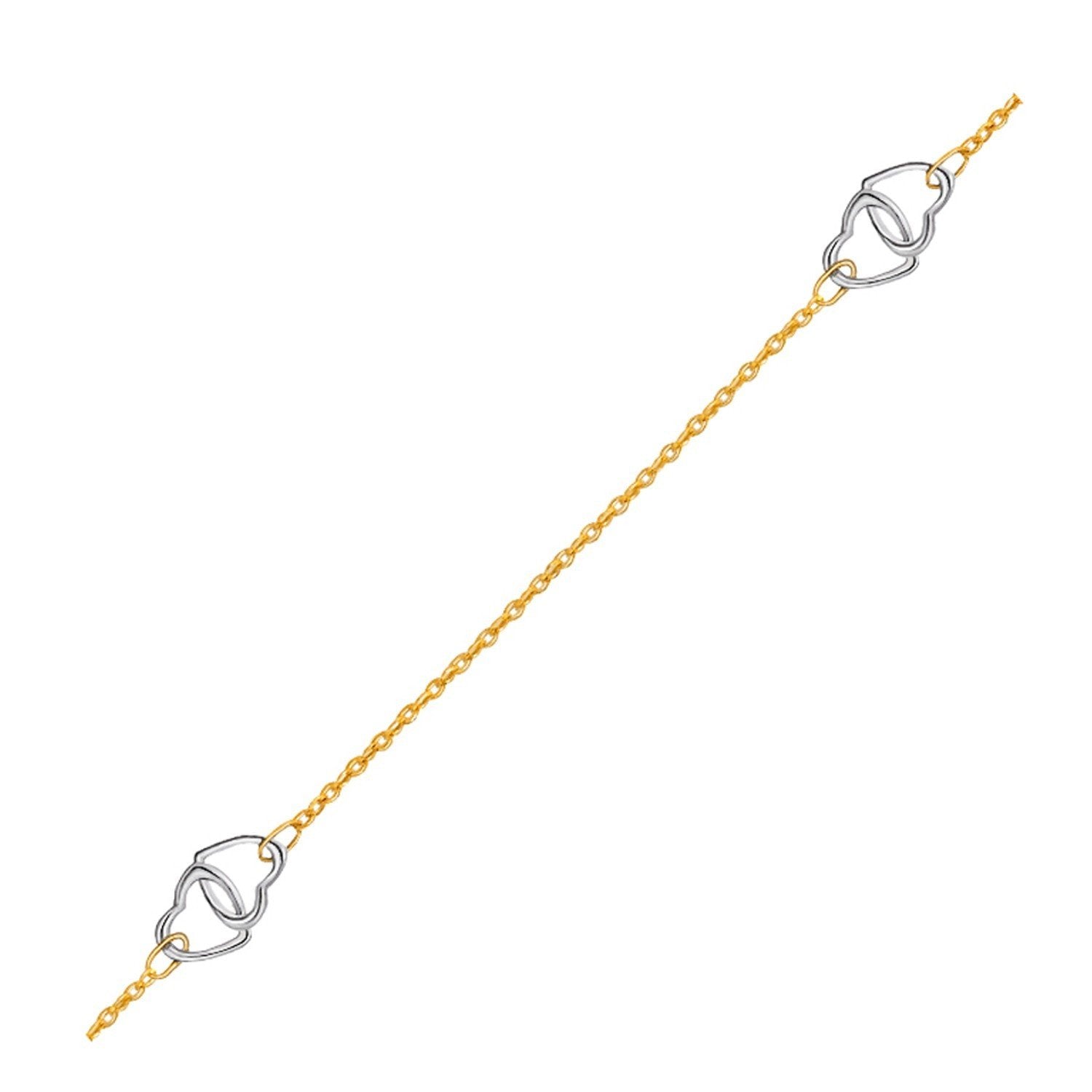 14k Two Tone Gold Entwined Heart Stationed Anklet, size 10''