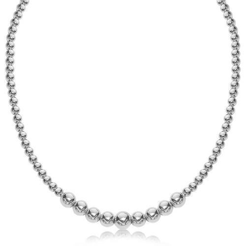 Sterling Silver Rhodium Plated Graduated Motif Polished Bead Necklace, size 17''