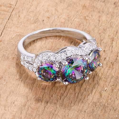 4 Ct Three Stone Rhodium Ring with Mystic and Clear CZ