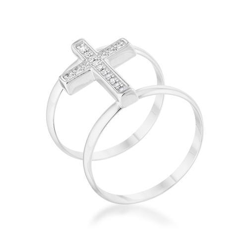 Francis 0.08ct CZ Rhodium Contemporary Cross Ring