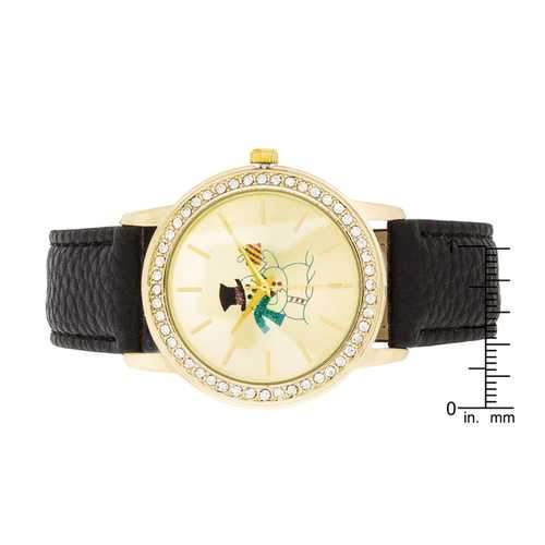 Gold Snowman Crystal Watch With Black Leather Strap