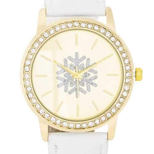 Gold Snowflake Crystal Watch With White Leather Strap