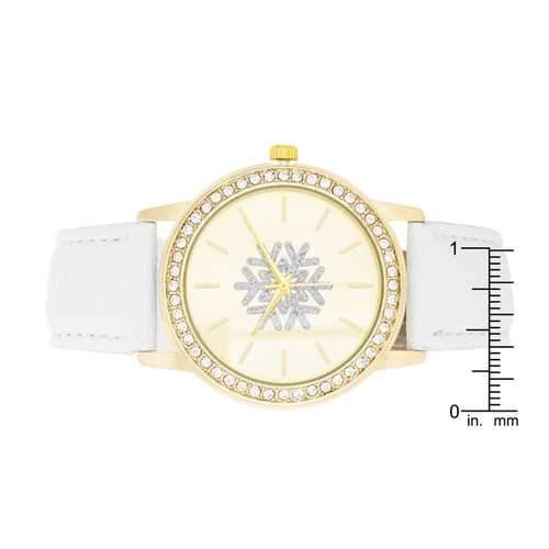 Gold Snowflake Crystal Watch With White Leather Strap