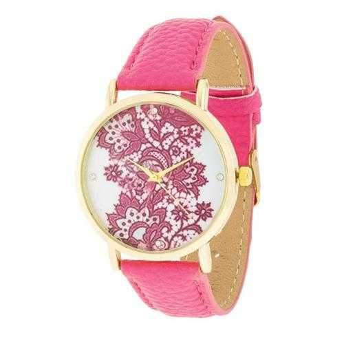 Gold Watch With Floral Print Dial