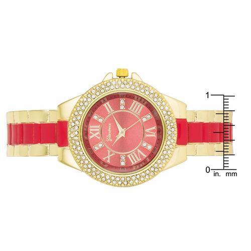 Gold Metal Cuff Watch With Crystals - Coral